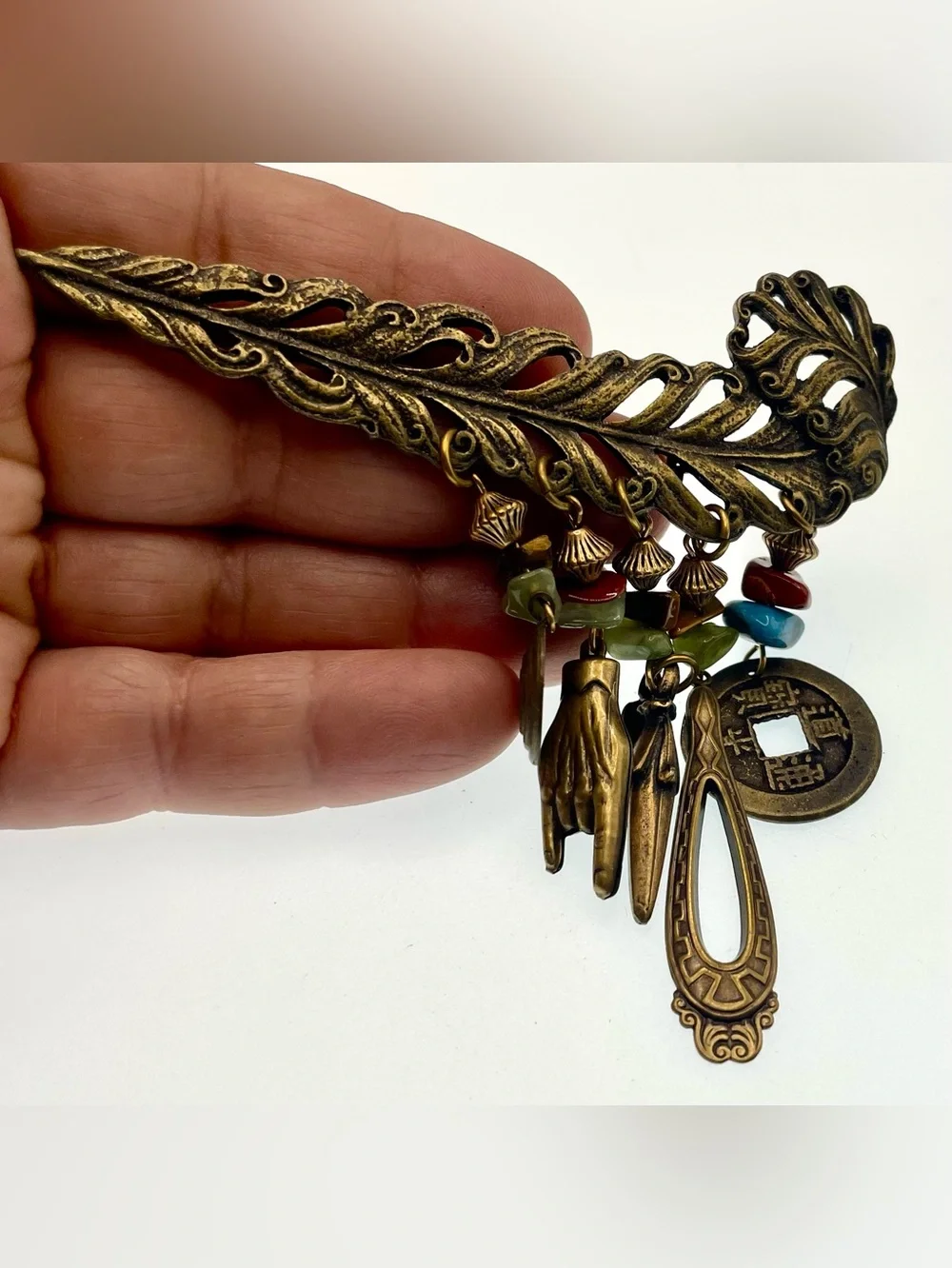 Vintage Upcycled Brass Feather Brooch Genuine Gemstone Dangles Asian Inspired